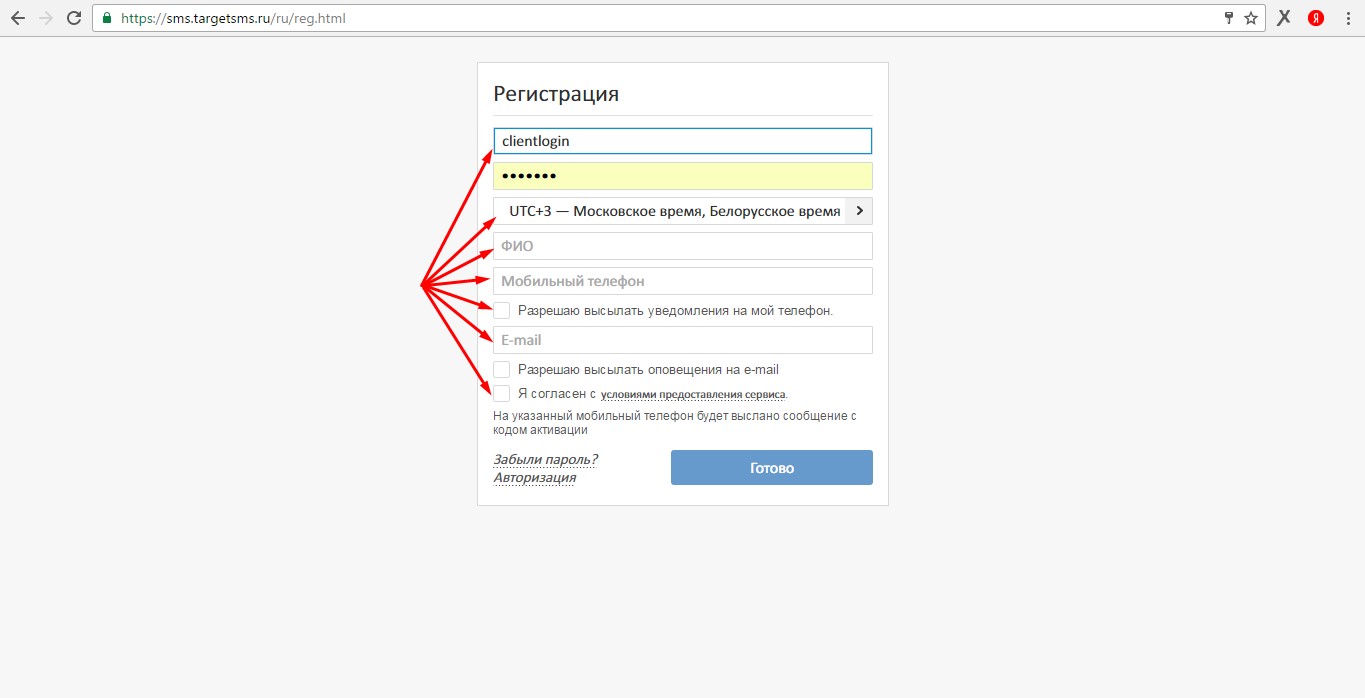 Шаг 1. Регистрация на сайте targetsms.ru Шаг 1. Регистрация на сайте targetsms.ru